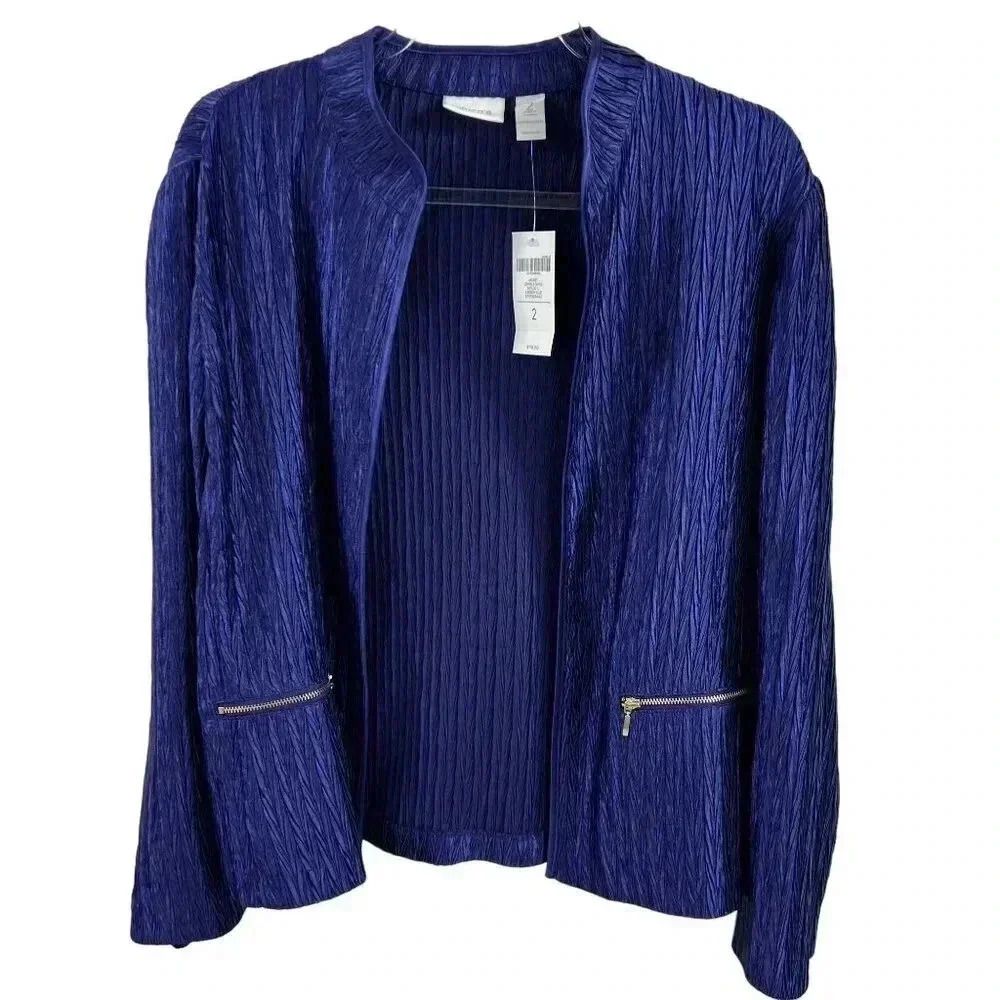 Chicos 2 Lg NWT Crinkle Shine Carbon Blue Jacket MSRP 119.00 Blazer Careerwear